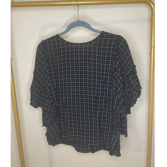 Loft Plaid Checkered Ruffle Sleeve Blouse - Picture 2 of 6